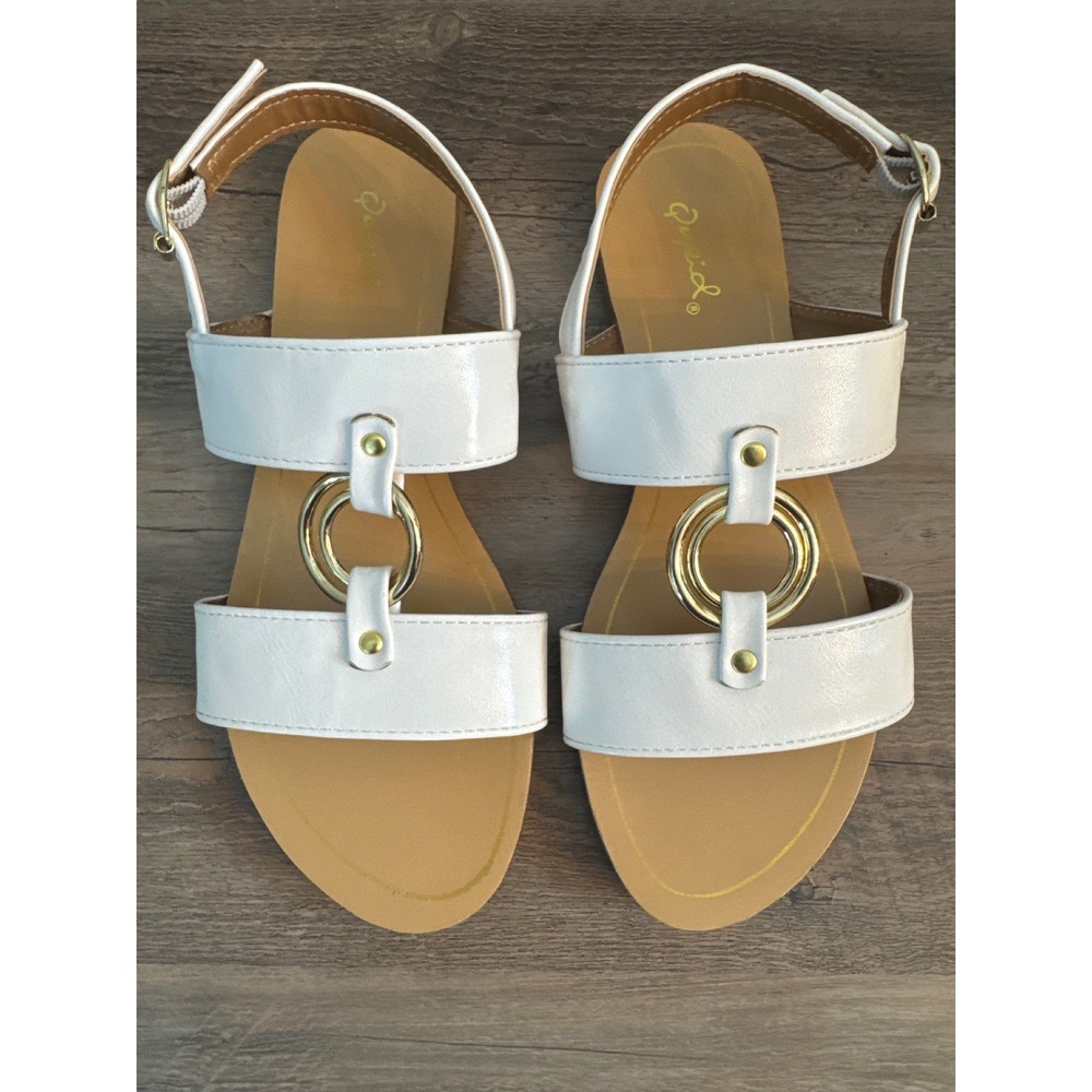 Qupid Womens Size 6.5 White Slingback Sandals Gold Ring Hardware EU 37
